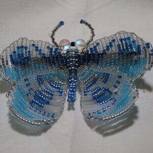 Hair clip Hand Beaded Butterfly  French Barrette Blue, Frost White, Silver  4.5"